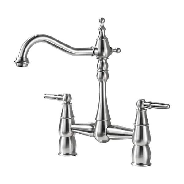 Vintage 2-Handle High Arc Bridge Kitchen Faucet with Hole Cover in Brushed Nickel