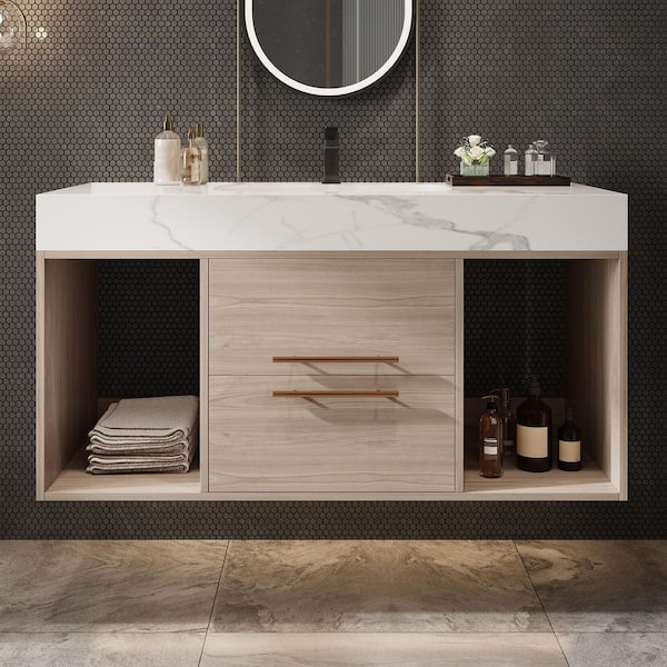 39 in. Single Sink Floating Oak Bath Vanity with White Sintered Stone Top, 2 Soft Close Drawer, Gold Handles