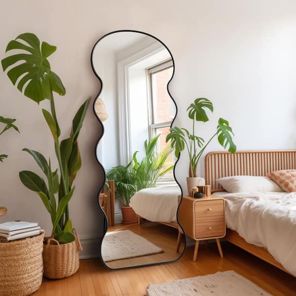 Modern 28 in. W x 71 in. H Wavy Framed Black Metal Full Length Mirror Wall/Floor Mirror