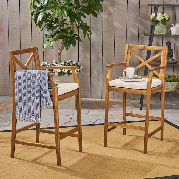 Brown Acacia Wood Outdoor Bar Stool Patio Dining Bar Stools with Beige Cushion Set of 2