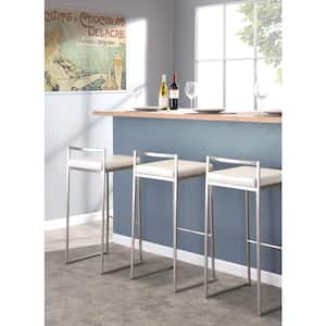 Fuji 30.75 in. White Faux Leather and Stainless Steel Stackable Bar Stool (Set of 3)