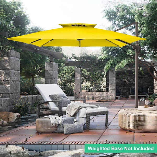 10 ft. x 10 ft. Square 2-Tier Top Rotation Outdoor Cantilever Patio Umbrella with Cover in Yellow