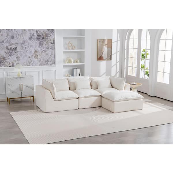 Hazel 102.3 in. 4-Piece Cotton Modular Cloud Sectional Sofa in Antique White with Ottoman, Full Compressed Sofa