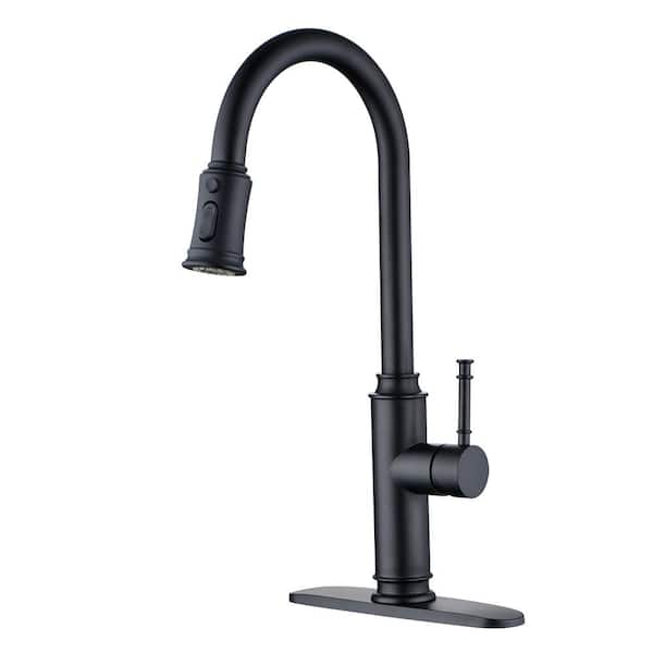 SUMERAIN S6132P-ES Single Handle Pull Down Sprayer Kitchen Faucet with Deckplate, Pull Out Spray Wand in Matte Black
