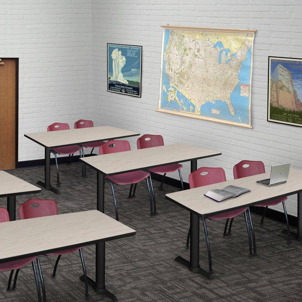Cain 48 in. x 24 in. Maple T-Base Training Seminar Table Desk and 2 M Stack Chairs-Burgundy