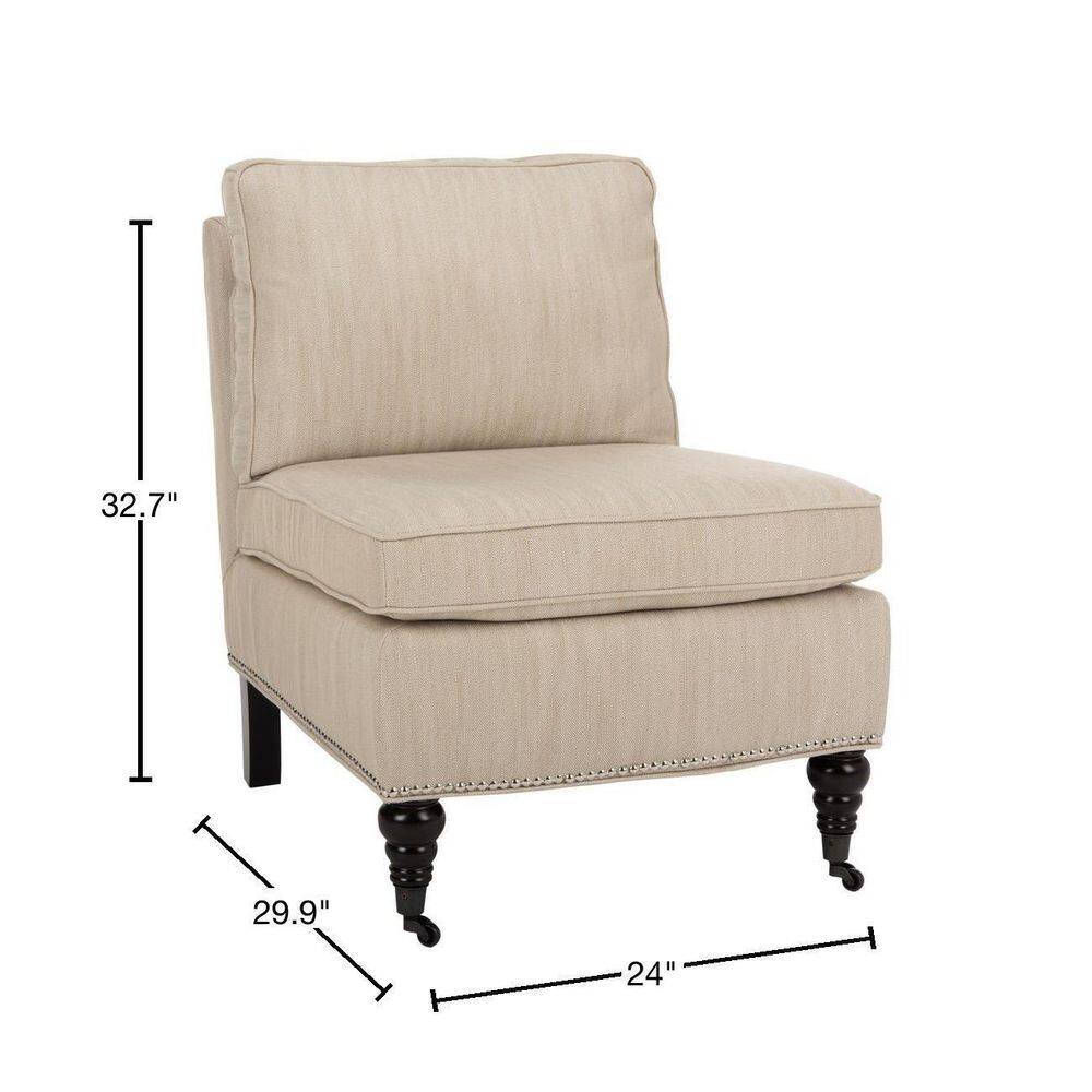 Beige Linen Slipper Chair with Spindle Wood Legs