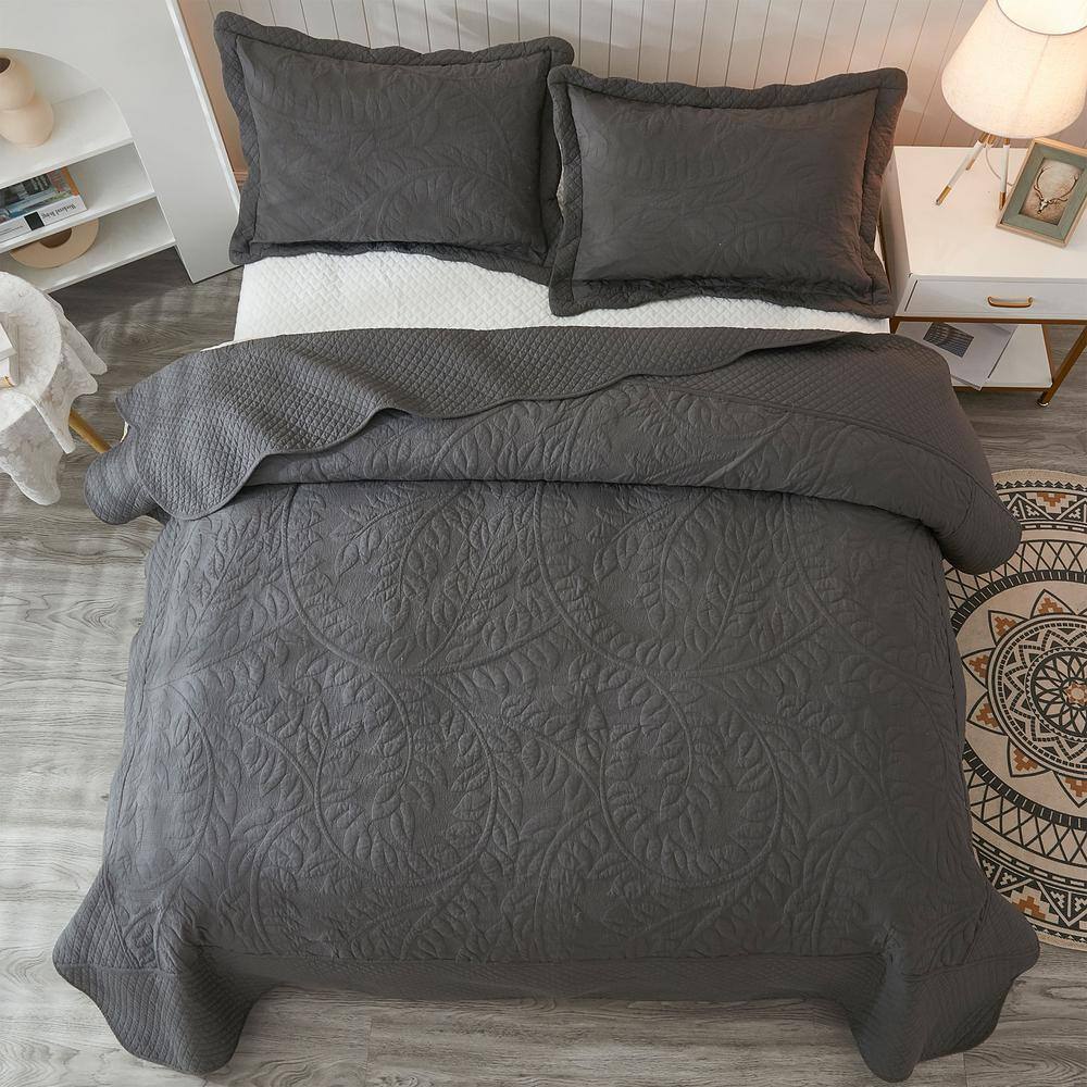 Dark Grey Reversible Cotton Queen Bedspread Set