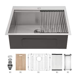Brushed Nickel 18 Gauge Stainless Steel 25 in. Single Bowl Drop-In Workstation Kitchen Sink with Bottom Rinse Grid