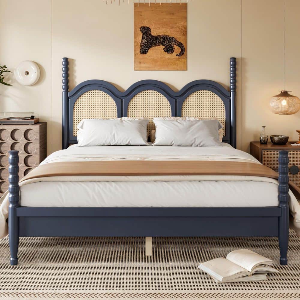 Blue Wood Frame Queen Size Platform Bed with Triple Arched Rattan Headboard, Spindle Posts and Slats Support