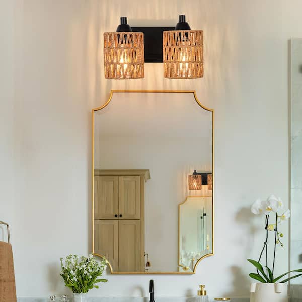 Boho 11.8 in. 2-Light Matte Black Vanity Light with Yellow Woven Shade