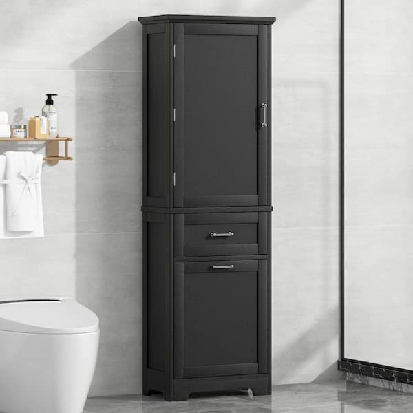 20 in. W x 14 in. D x 68 in. H Black Freestanding Linen Cabinet, Tall Storage Cabinet with 2 Different Size Drawers