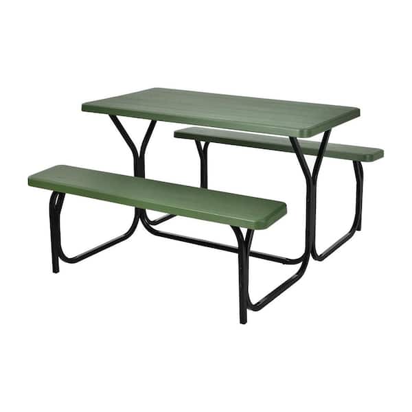 Portable Plastic Picnic Table Bench Set with Steel Frame Wood-Like Texture All-Weather Heavy Duty Green