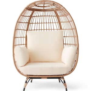 Oversized Egg Wicker Indoor Outdoor Lounge Chair with Ivory Cushions, Steel Frame, 440 lb Capacity