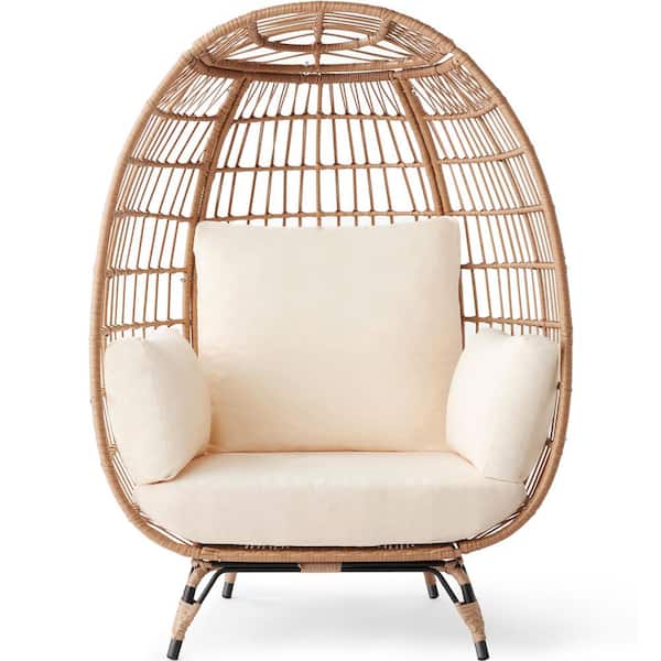 Best Choice Products Oversized Egg Wicker Indoor Outdoor Lounge Chair with Ivory Cushions, Steel Frame, 440 lb Capacity