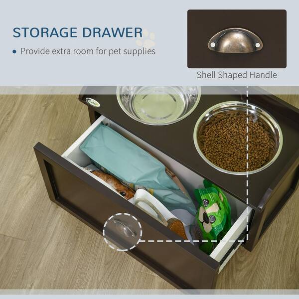 PawHut Large Elevated Dog Bowls with Storage Drawer Containing 21 L Capacity in Brown