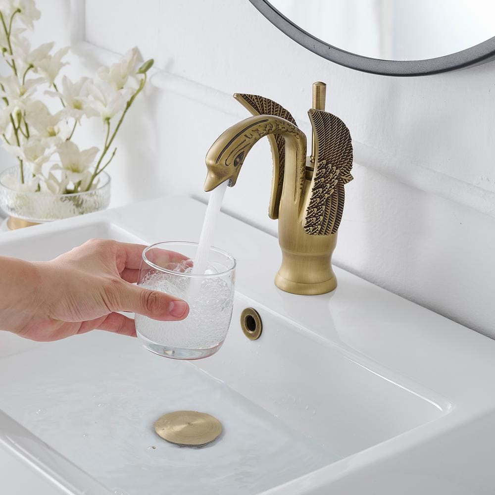 Antique Brass Swan-Shaped Single Handle Bathroom Faucet