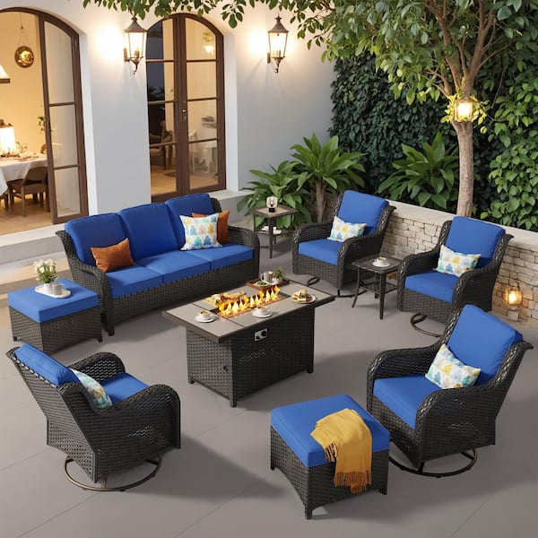 OVIOS Hoppish Brown 10-Piece Wicker Patio Rectangle Fire Pit Conversation Set with Navy Blue Cushions and Swivel Chairs
