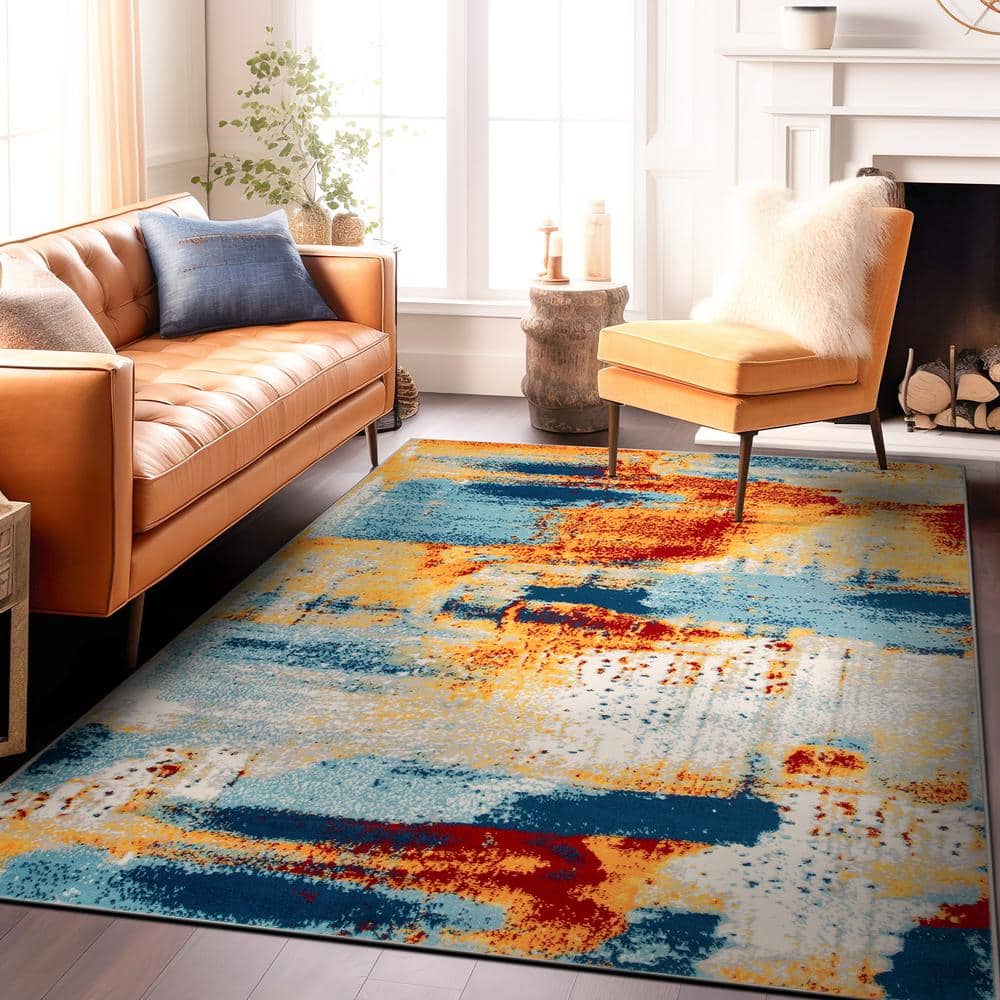 Large Blue and Orange Abstract Synthetic Area Rug