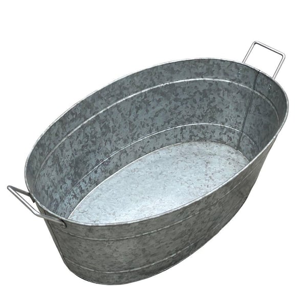 Benjara 1.7 Gal. Large Silver Oval Shape Embossed Design Galvanized Steel Tub with Side Handles