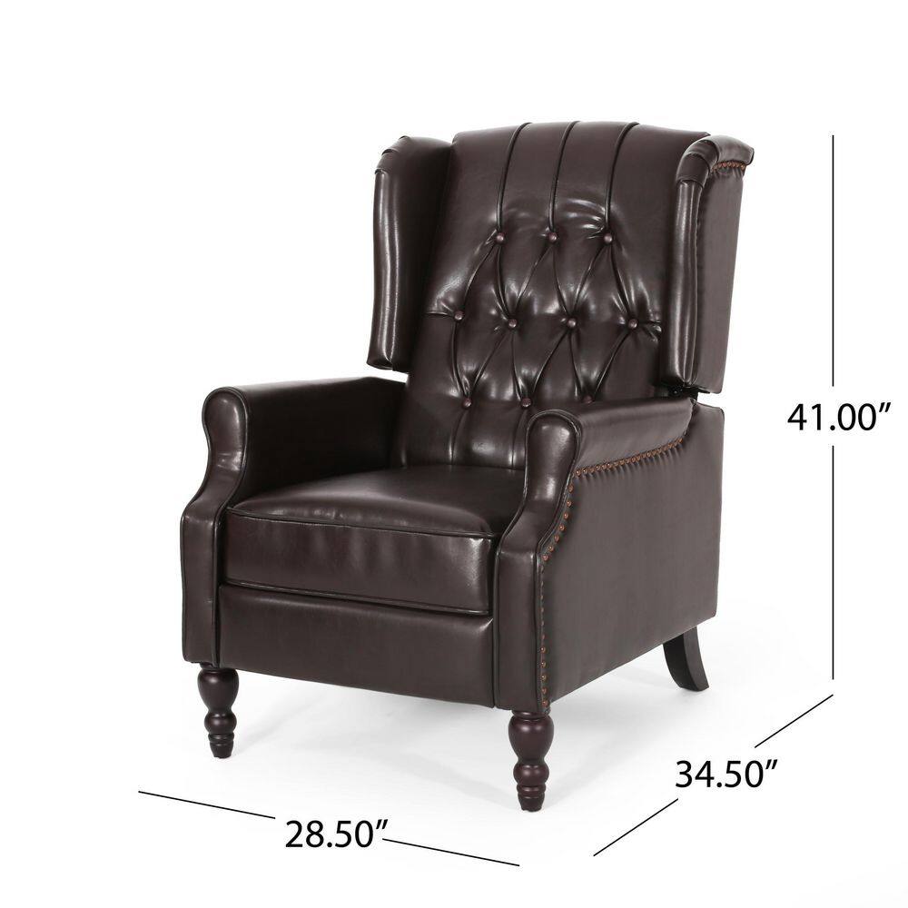 Brown Tufted Leather Wingback Recliner with Wood Legs
