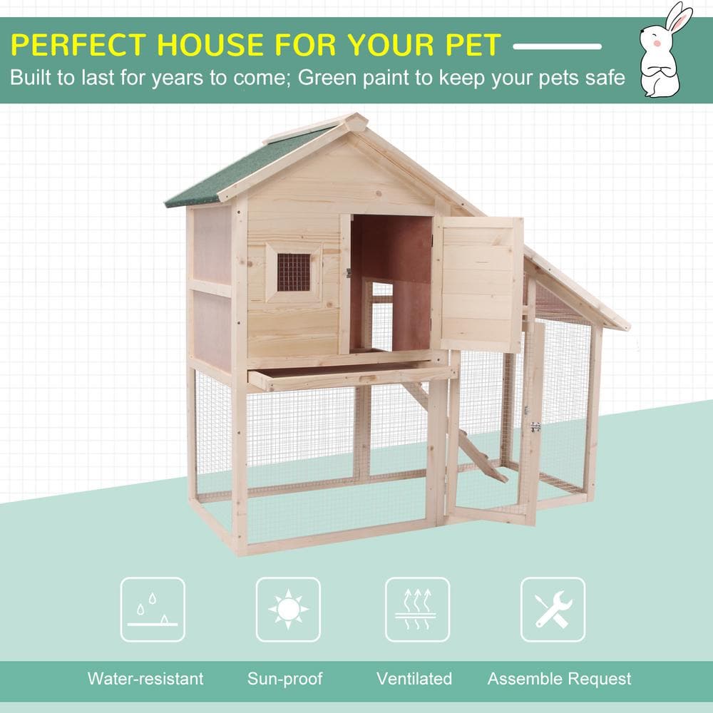 Natural Wood 2-Tier Guinea Pig Hutch with Ramp and Roof