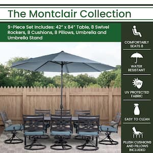 Montclair 9-Piece Steel Outdoor Dining Set with Ocean Blue Cushions, 8 Swivel Rockers, 42x84 in. Table and Umbrella