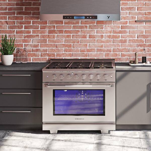 Randolph 36 in. 6-German Brass Burners Freestanding Gas Stainless Stee Range with Infrared Boiler, Blue LED Knobs