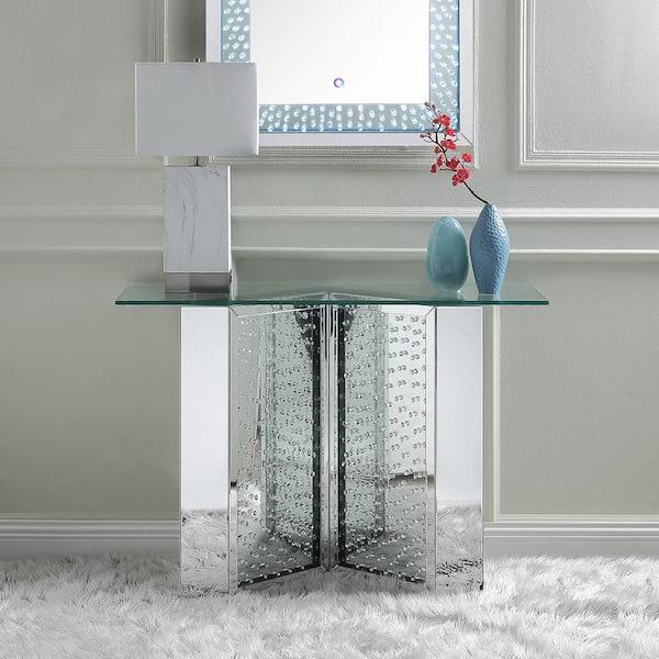Acme Furniture Nysa 45 in. Mirrored and Faux Crystals Rectangle Glass Console Table