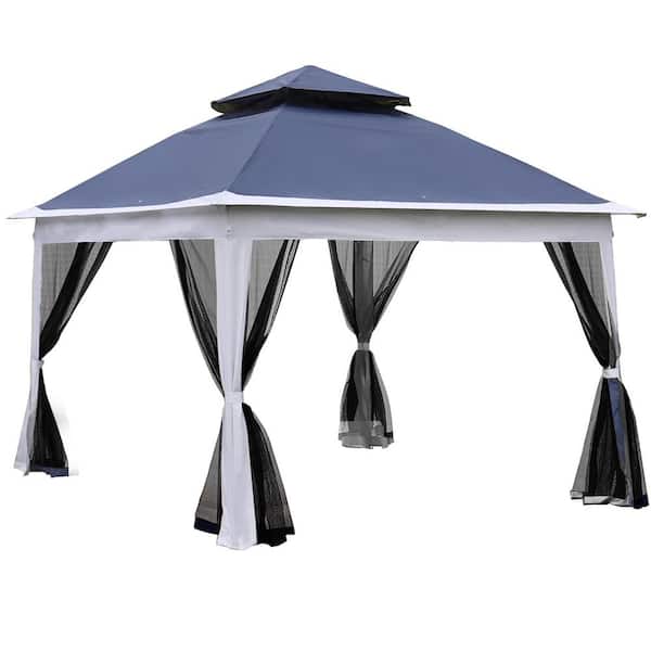 Unbranded 11 ft. x 11 ft. Pop Up Gazebo Canopy with Removable Zipper Netting, 2-Tier Soft Top Event Tent for Backyard, Blue