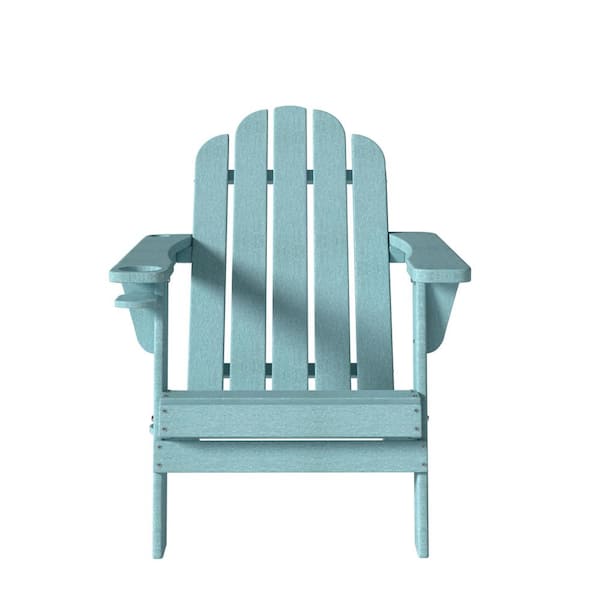 Kadehome Outdoor Blue Plastic Patio Adirondack Chair with Cup Holder and Umbrella Holder (Set of 1)