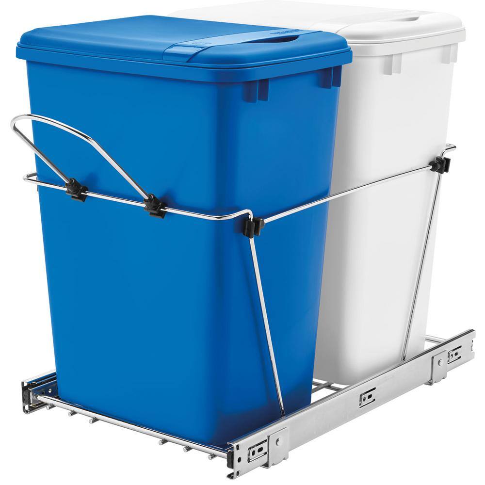 RevAShelf Blue/White Double 35 Qt. Sliding Pull Out Waste Bin