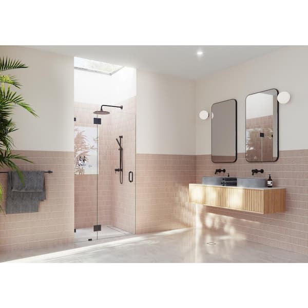 Glass Warehouse Halo 40.5 in. W x 78 in. H Glass Hinged Frameless Shower Door in Matte Black with Clear Glass