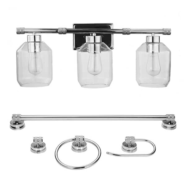 Globe Electric Middleton 24 in. 3-Light Chrome Vanity Light with Clear Glass Shades and Bath Set Bulbs Included (5-Piece)