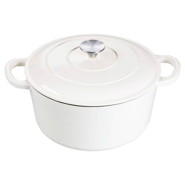 5 qt. Enameled Cast Iron Nonstick Stock Pot in White with Lid for Bread Baking Braising Cooking Roasting Stewing