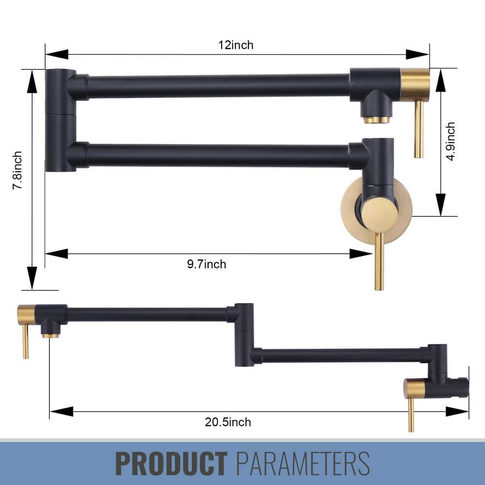Black and Gold Wall Mounted Double Handle Pot Filler Faucet