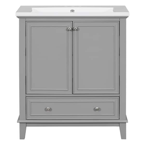 JimsMaison 30 in. W x 18 in. D x 34.8 in. H Single Sink Freestanding Bath Vanity in Grey with White Ceramic Top