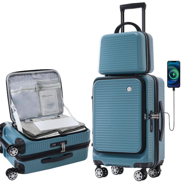 Merax 2-Piece Blue ABS Hardshell Spinner 20 in. Luggage Set with Portable Carrying Case, TSA Lock, Front Pocket, USB Port