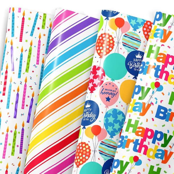 N/A Happy Birthday Wrapping Paper Sheets 12 Pack 20 x 28 in. Colorful Party Designs Candles Balloons Stripes