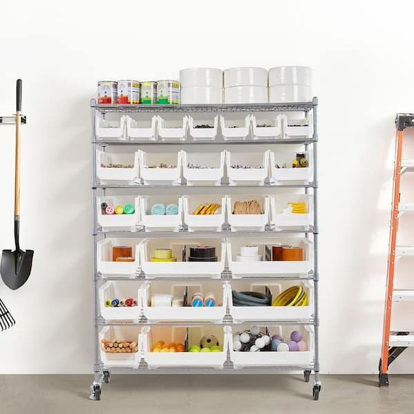 7-Tier Rolling Bin Storage Rack, 26 Organizer Bins, Bin Rack Storage Steel Wire Shelving System with Wheels for Garage