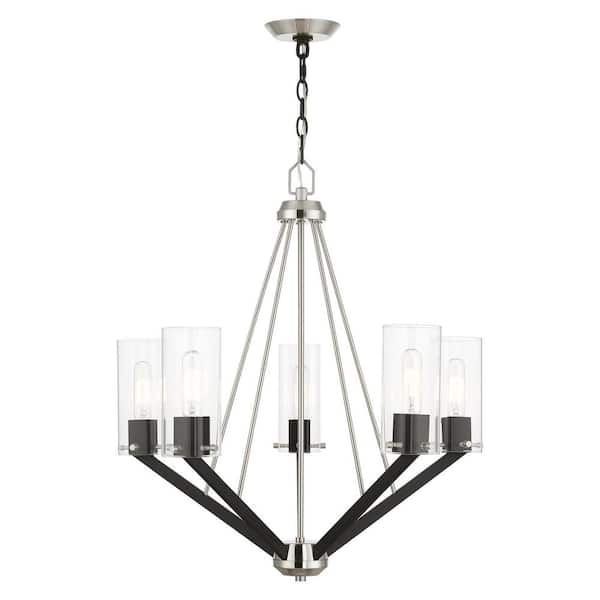 Lyncrest 5-Light Brushed Nickel and Black Chandelier with Clear Square Glass