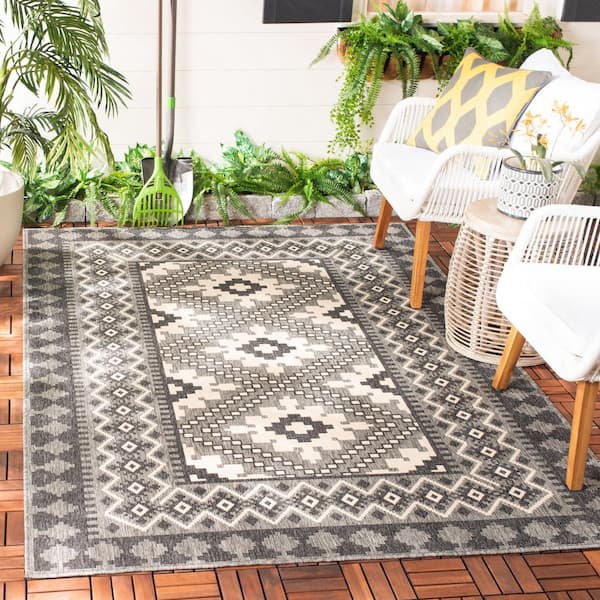 Veranda Ivory/Charcoal Doormat 2 ft. x 4 ft. Geometric Border Indoor/Outdoor Patio Area Rug