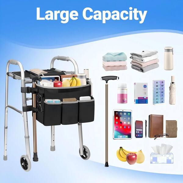 Wudkey Black Detachable Walker Basket with Tray, Large Capacity