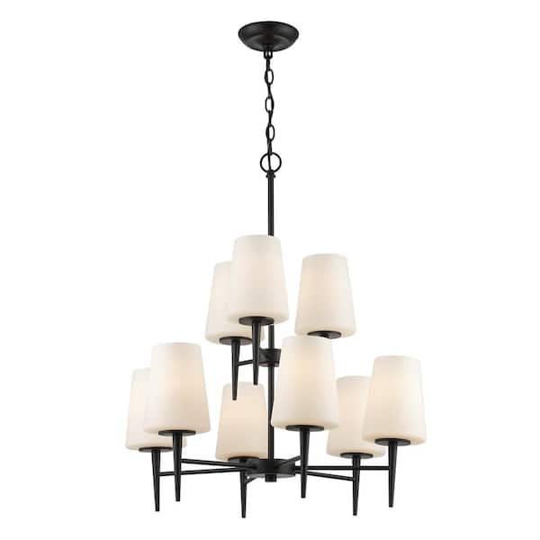 Bel Air Lighting Horizon 9-Light Black Hanging Tiered Chandelier Light Fixture with Frosted Glass Shades