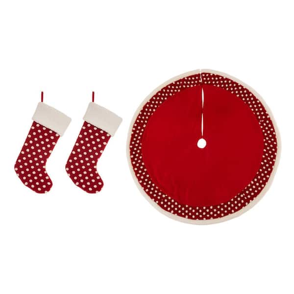 Glitzhome Set of 3 Fabric Pompom Christmas Decoration (48 in. Tree Skirt and 21 in. Stocking)