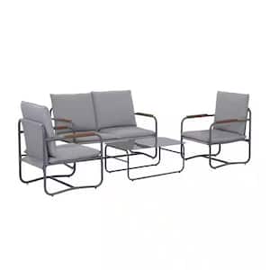 Outdoor Deep Seating Conversation Sofa Set, Gray of 4-Piece Metal Outdoor Sectional Set with Light Gray Cushions