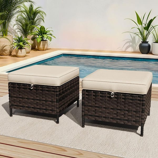 Brown Wicker Outdoor Patio Ottoman with Beige Cushions (Set of 2)