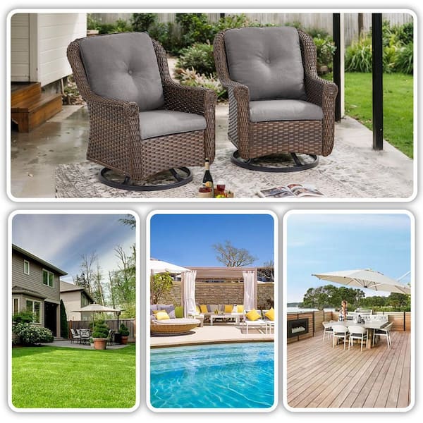Jura 4-Piece Brown Wicker Outdoor Rocking Chair Patio Furniture Swivel Glider Set Deep Seating with Gray Cushions