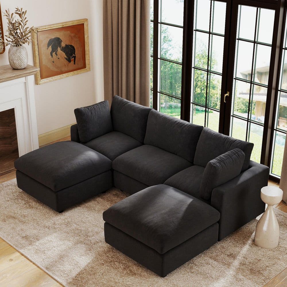 5-Piece Brown Modular Sectional Sofa U-Shaped Chenille Living Room Set, Extra-Wide Seating, Removable Washable Covers