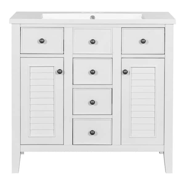 Unbranded 35.98 in. W x 18.03 in. D x 34.38 in. H Single Sink Bath Vanity Cabinet with White Ceramic Top with 2 Doors 5 Drawers