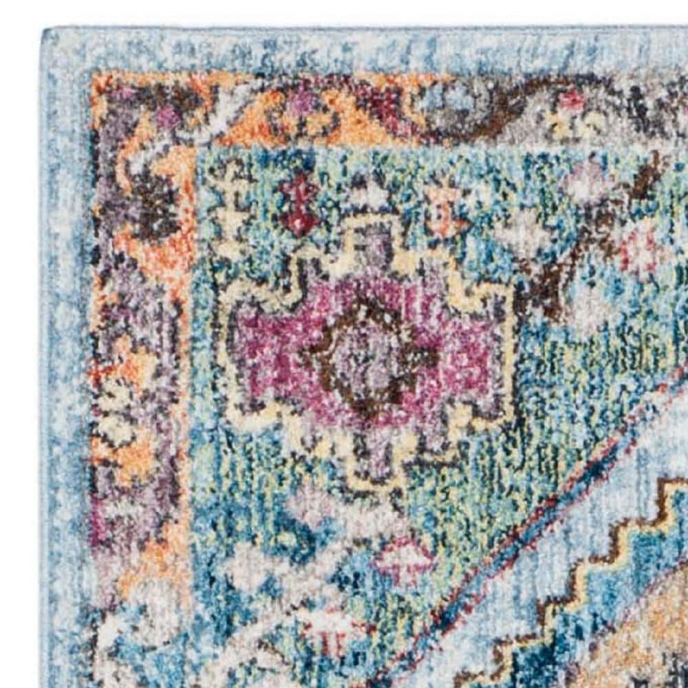 Blue and Camel Distressed Polyester Runner Rug, 2'3" x 6'